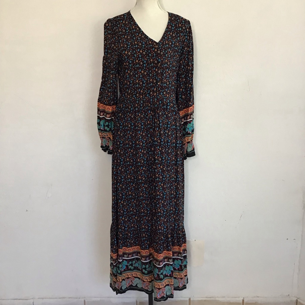 PRETTYGARDEN Women Black Cottage Floral Maxi Dress M